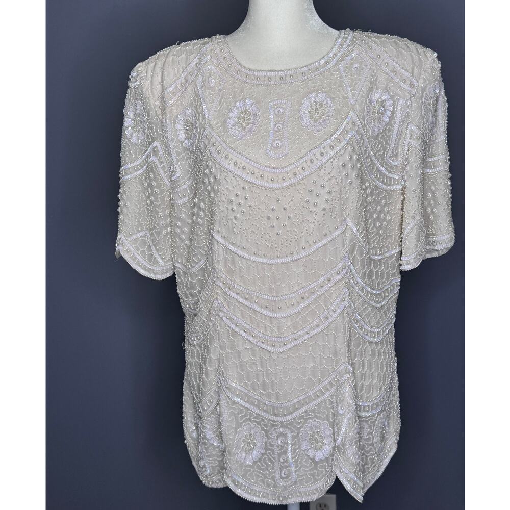 Stenay Women VTG Beaded Scallop Top Blouse Size 16 Silk Ivory White Pearl Floral